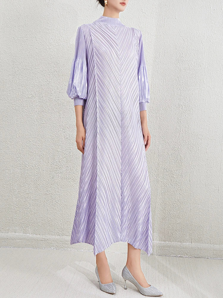 Metallic Pleated Midi Dress with Mock Neck & Bishop Sleeves