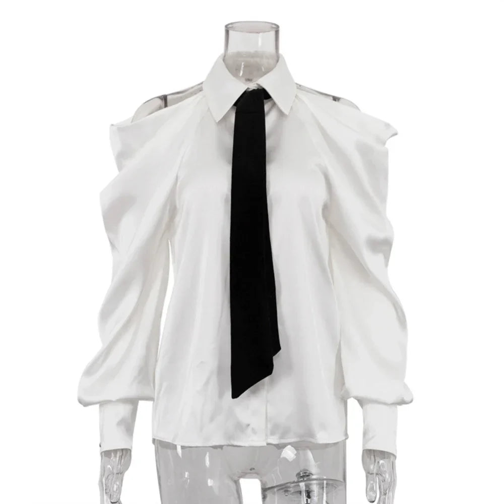 Satin Top with Dramatic Black Tie