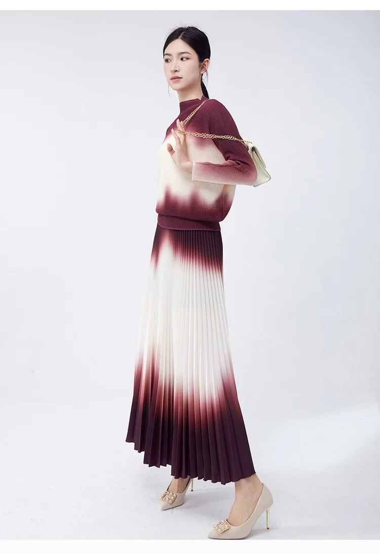 Luxury Burgundy Ombre Pleated Skirt & Top Co-Ord