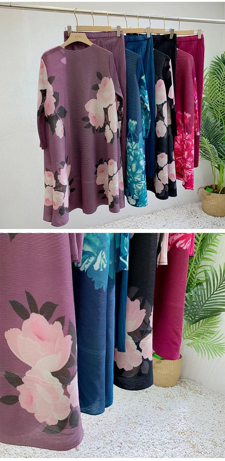 Pleated Plissé Floral Pant & Cardigan