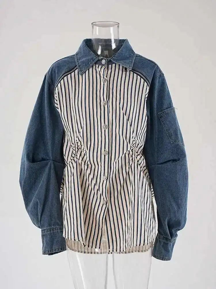 Denim Ruched Stripe Blouse