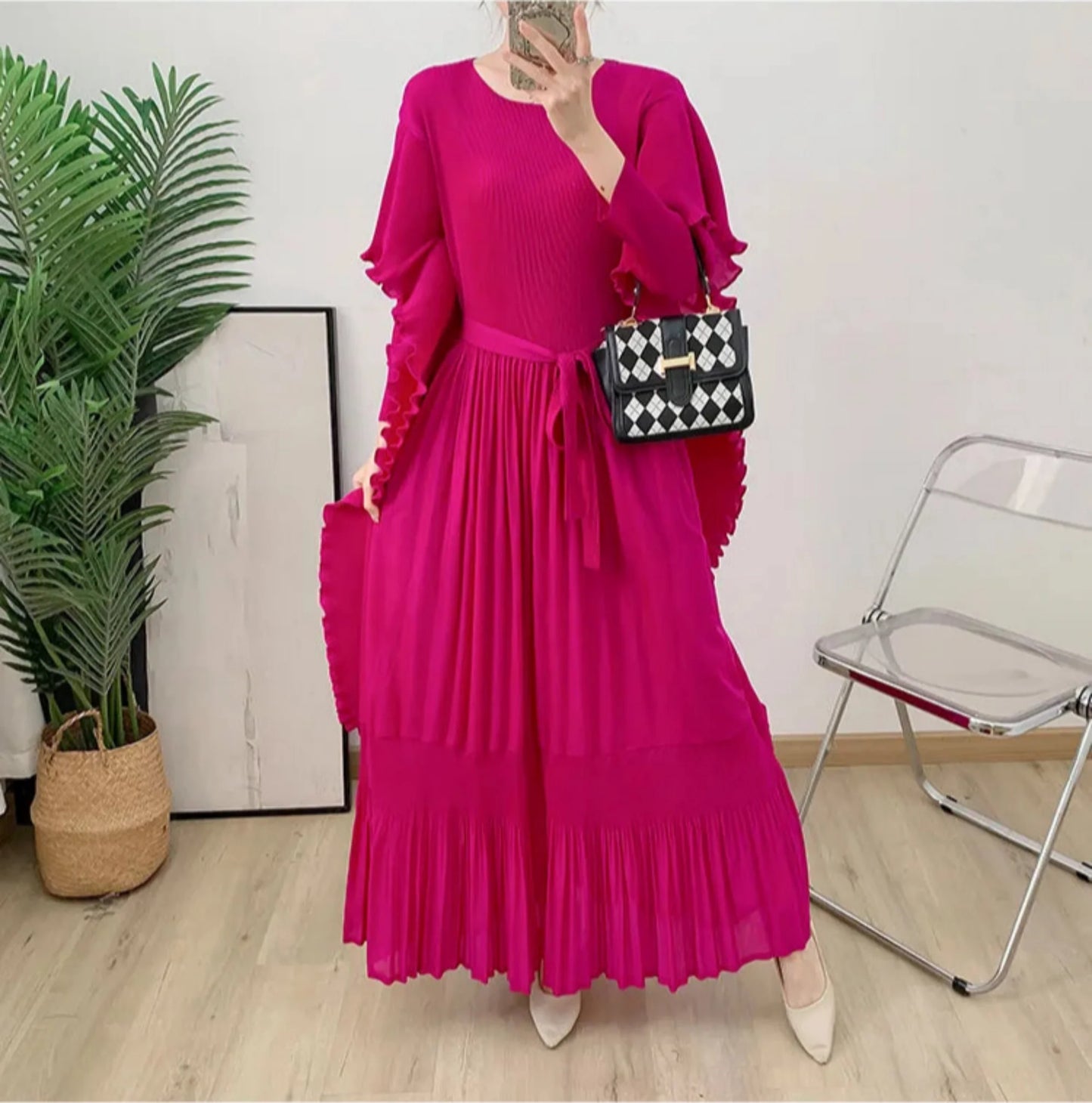Designer Pleated Midi Dress - Ruffle Detail