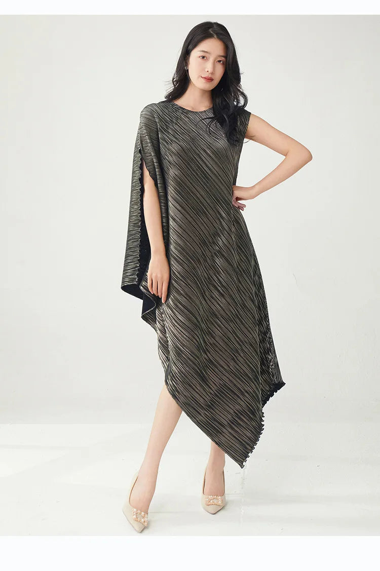Pleated Asymmetric Dress - Unique Textured Drape