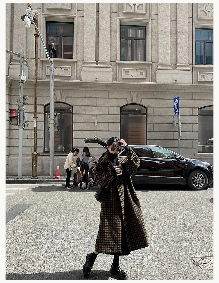 Women's Plaid Long Woolen Trench Coat Jacket