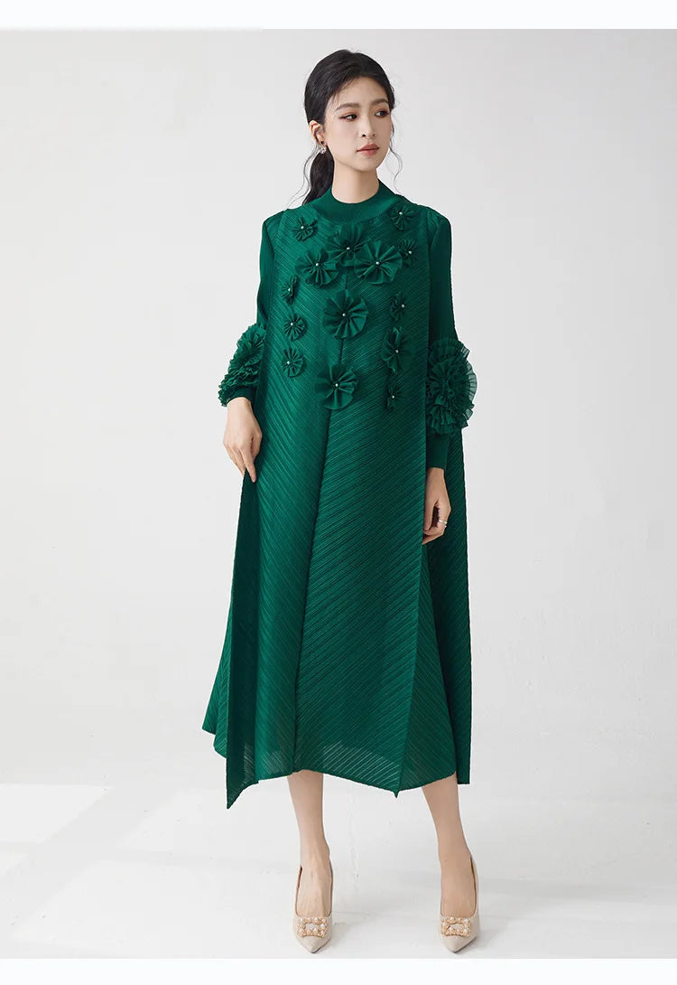 Luxe Plissé Pleated Floral Long Sleeve Dress