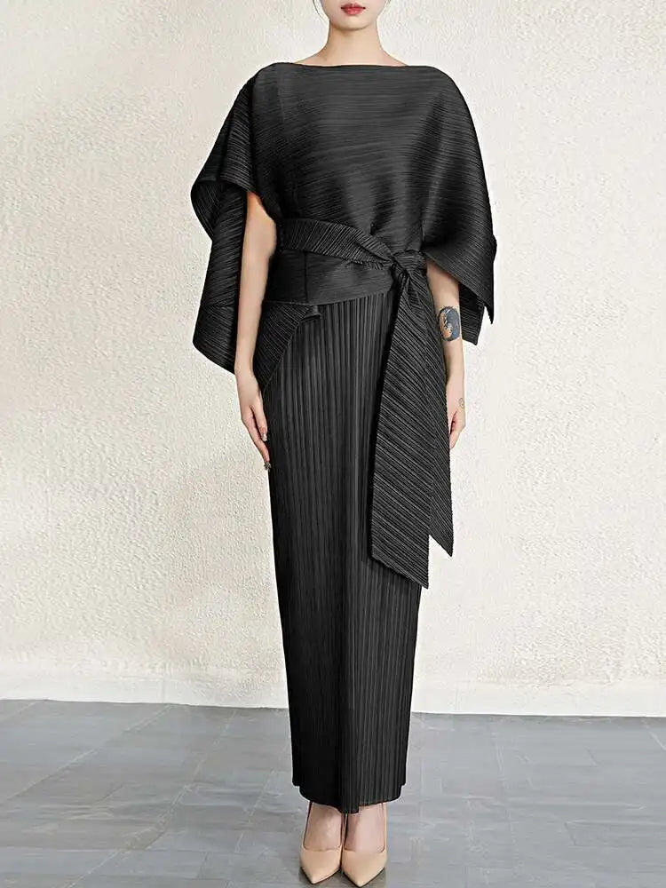 Luxury Pleated Midi Dress Cape Set