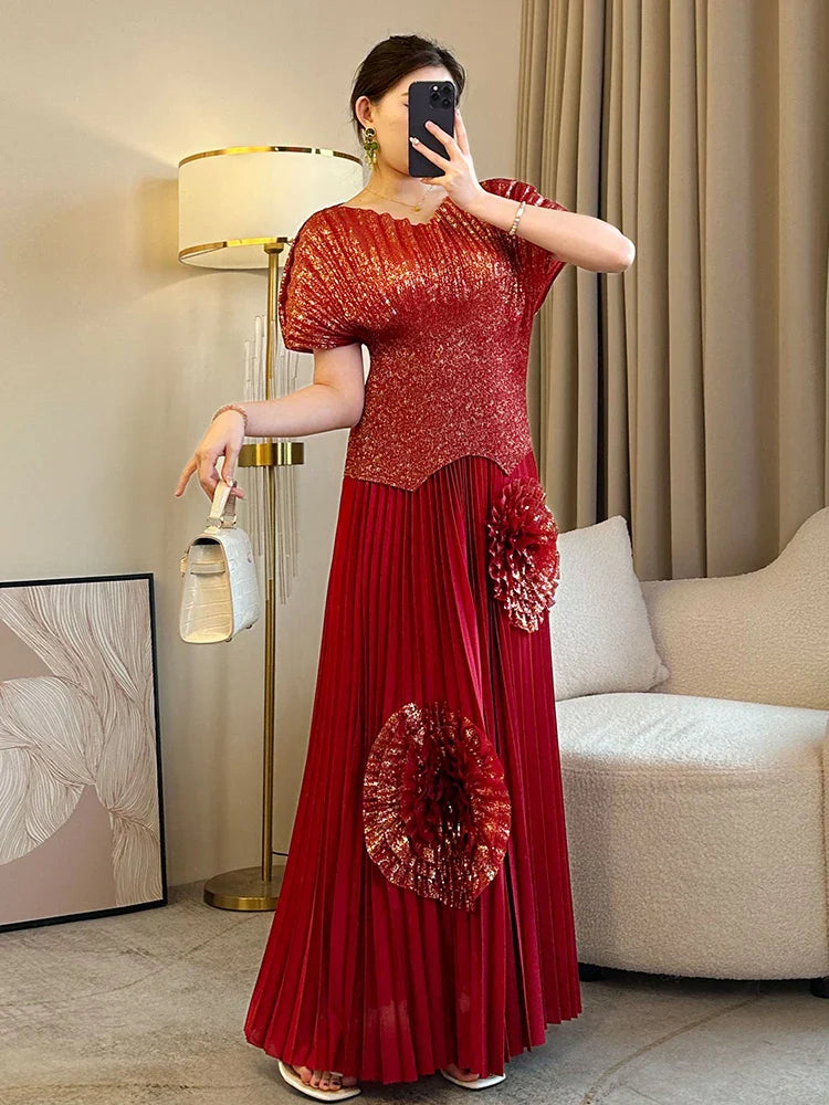 Metallic Top and Floral Pleated Plisse Skirt Set