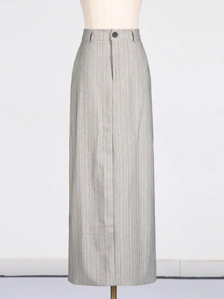 Asymmetrical Pinstripe Blazer & Maxi Skirt Suit
