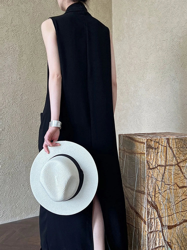 Elegant Draped Sleeveless Midi Dress with Pockets