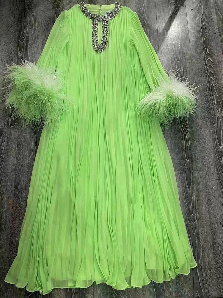 Women's Pleated Rhinestone Feather Midi Dress