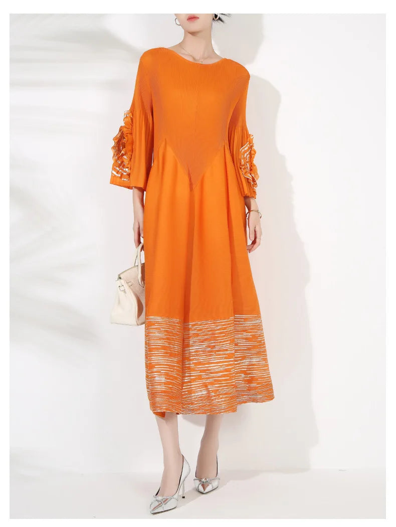 Couture Pleated Floral 3/4 Sleeve Midi Dress