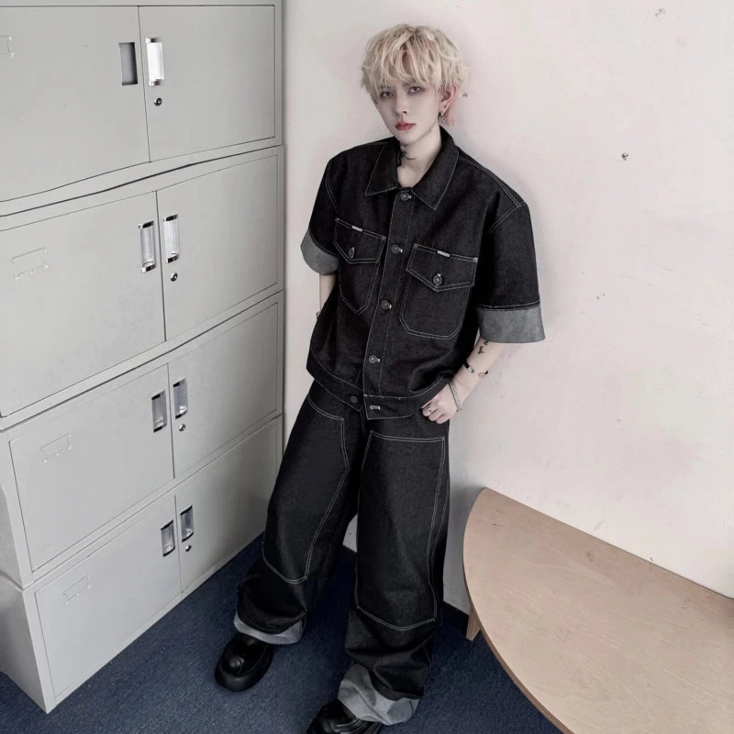 Men's Oversized Black Denim Two-Piece Set