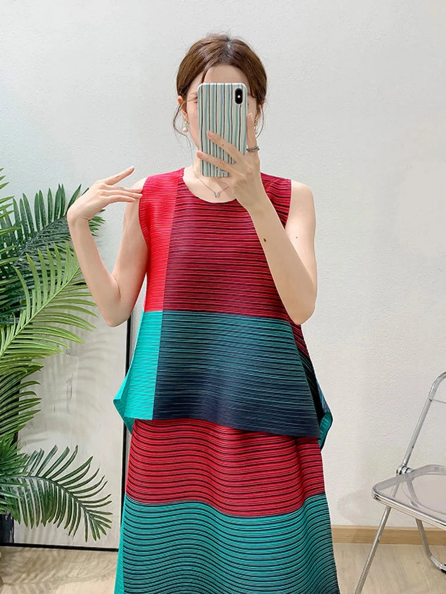 Asymmetric Pleated Sleeveless Top & Skirt