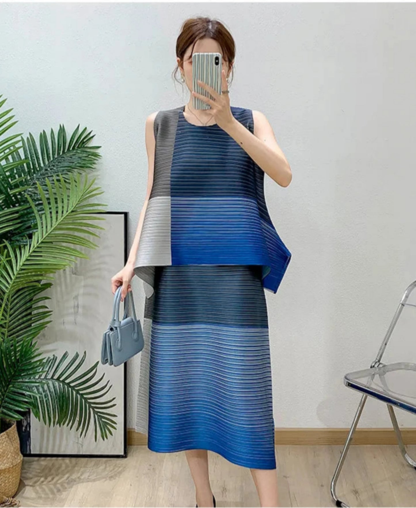 Asymmetric Pleated Sleeveless Top & Skirt