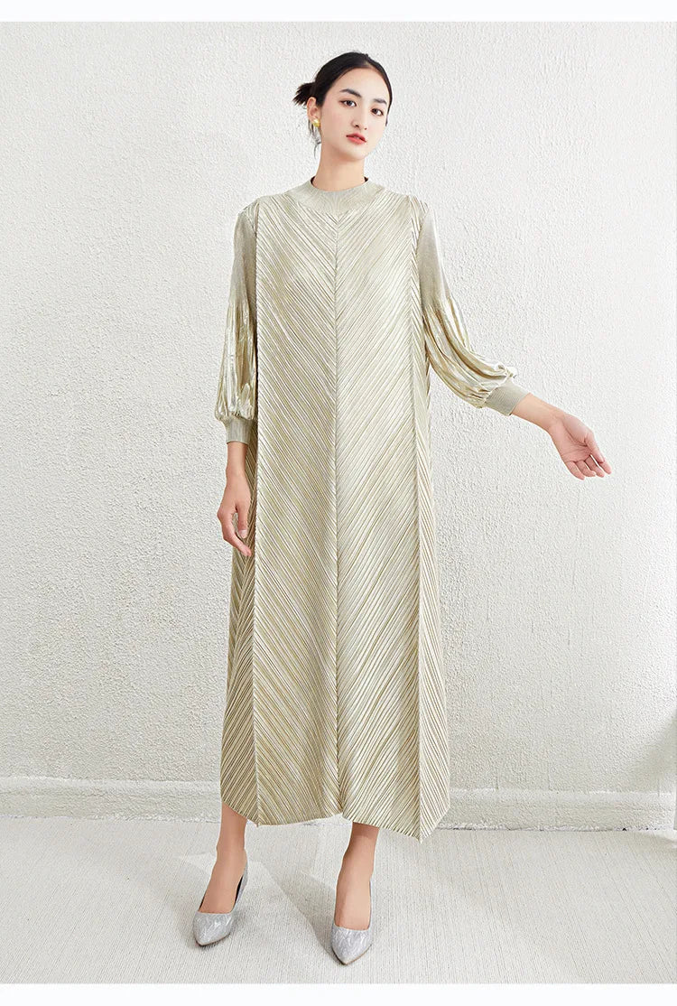 Metallic Pleated Midi Dress with Mock Neck & Bishop Sleeves
