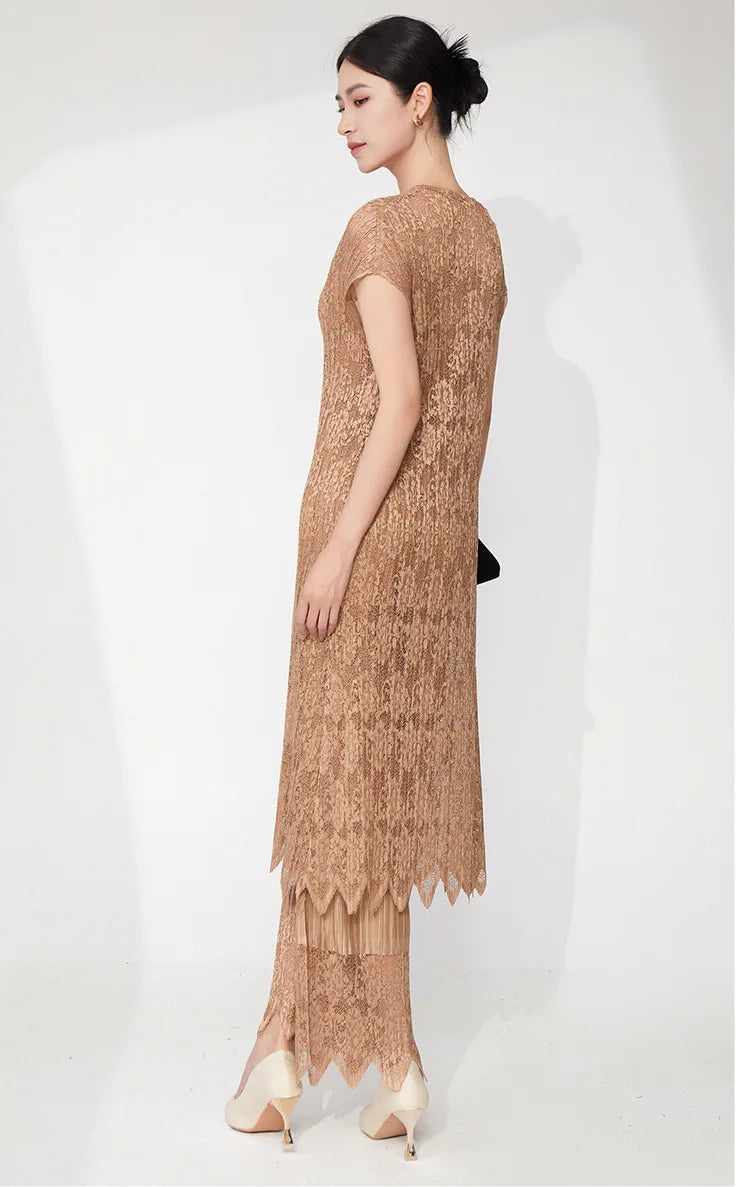Lace Pleated Pant Suit 2-Piece Set