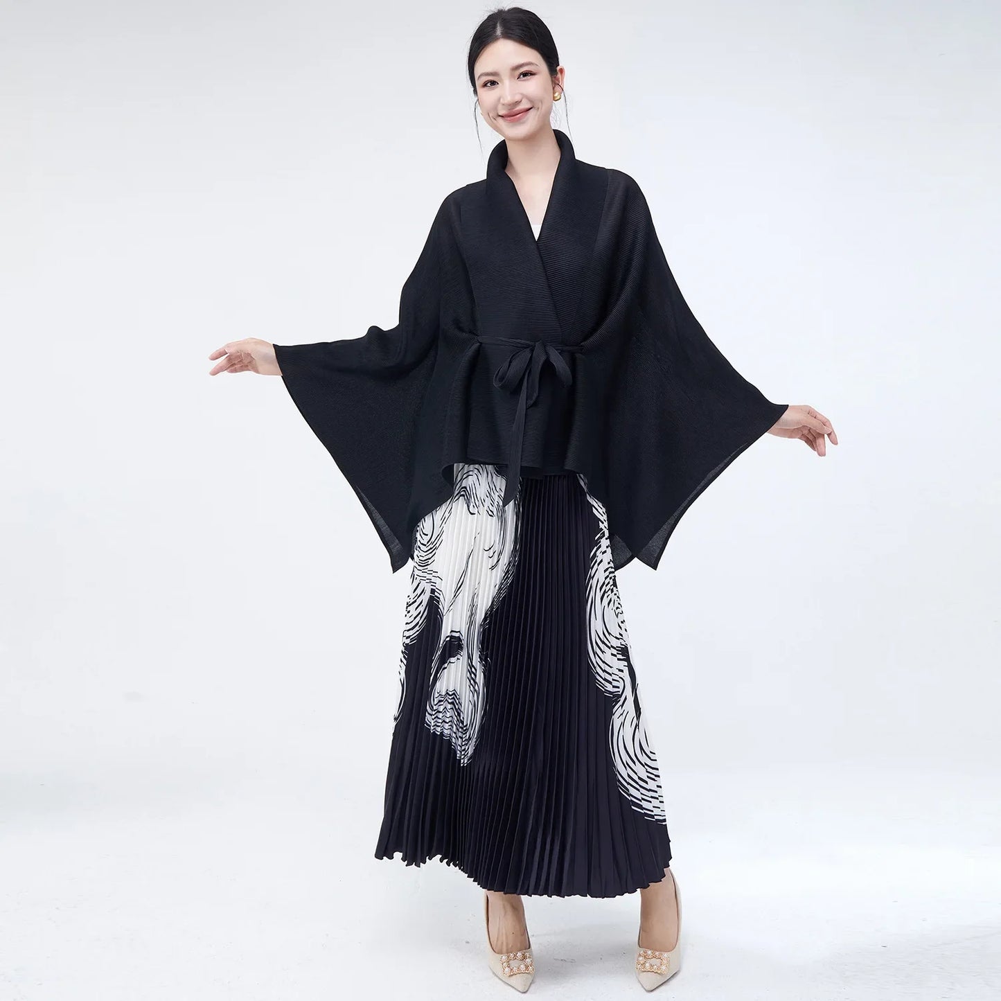 Luxe Black Wrap Top & Pleated Skirt Set