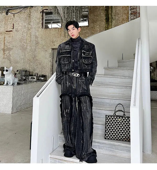 Men's Black Denim 2-Piece Set High Streetwear