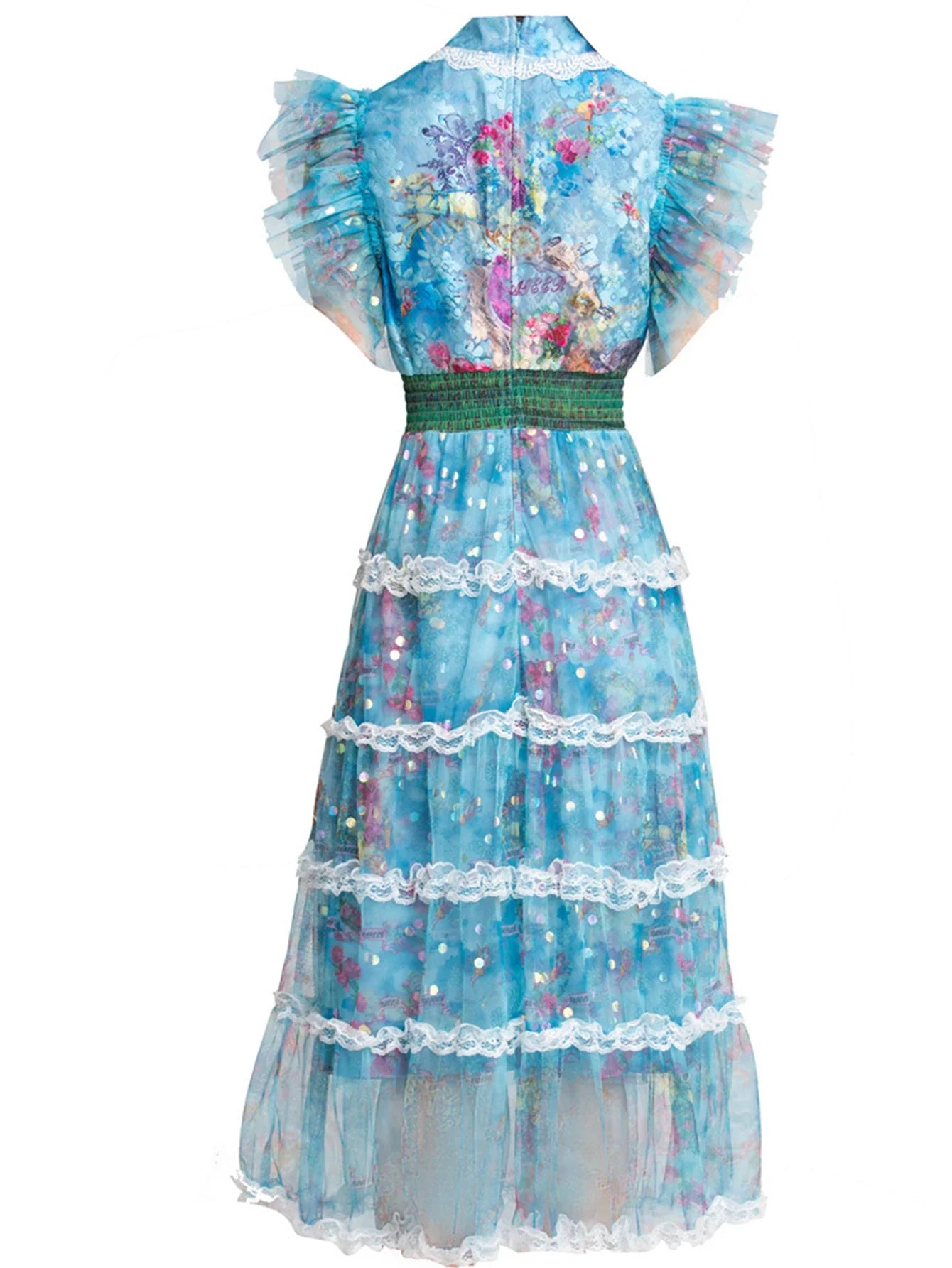 Blue Floral Midi Dress Ruffle Cap Sleeves