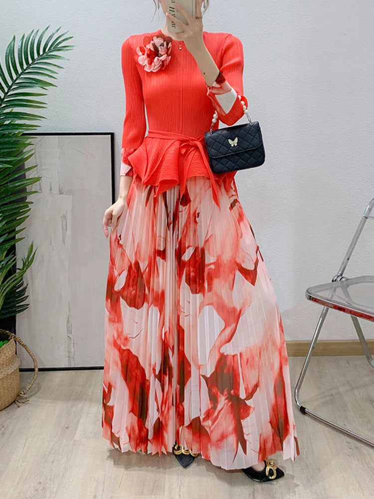 Unique Luxury Pleated Floral Top & Skirt Set