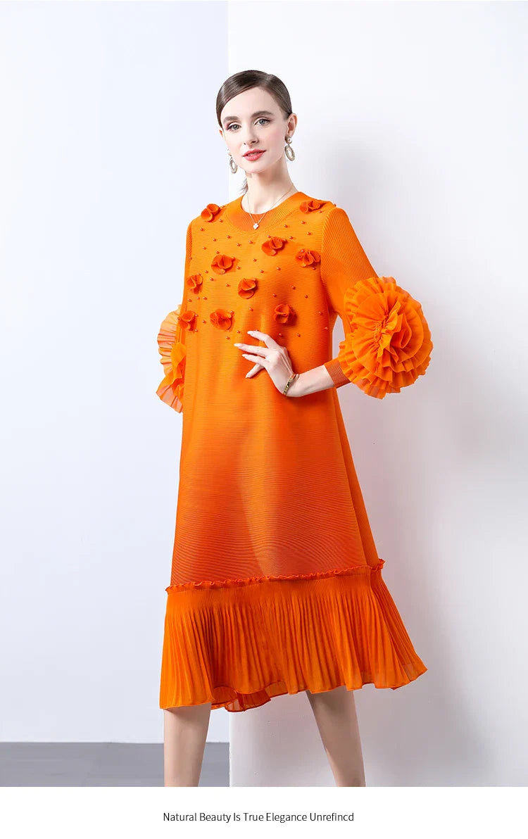 Cocktail Party Dress - Pleated Midi, Statement Sleeves