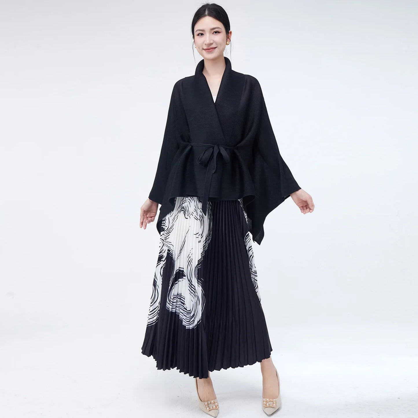 Luxe Black Wrap Top & Pleated Skirt Set