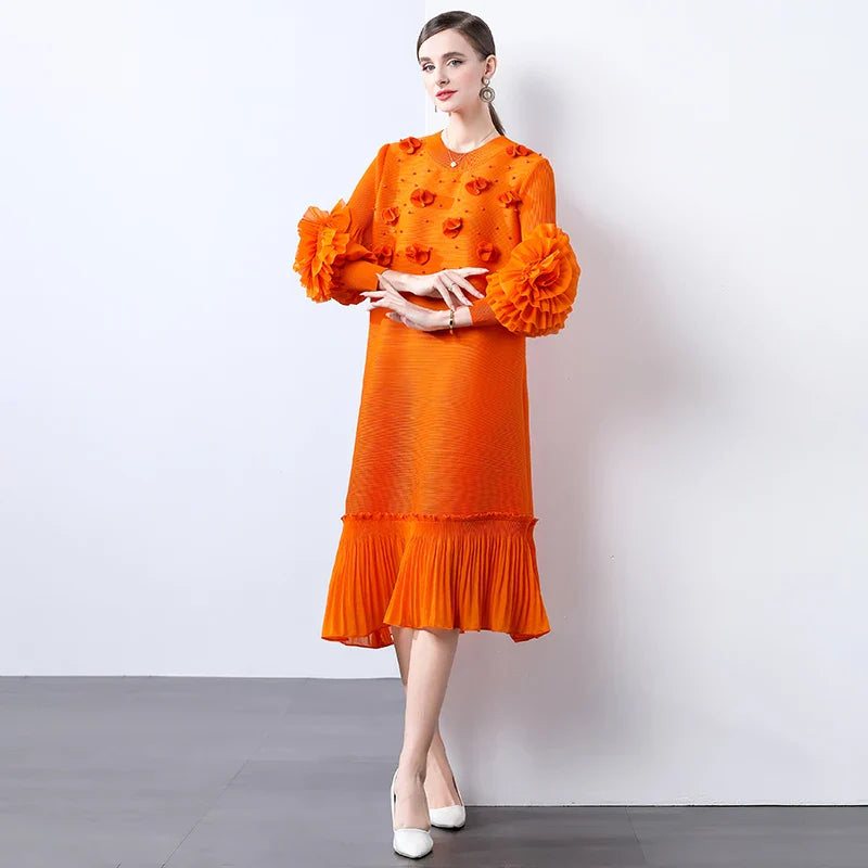 Cocktail Party Dress - Pleated Midi, Statement Sleeves