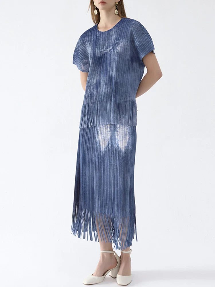 Luxury Pleated Fringe Pull-On Skirt & Top