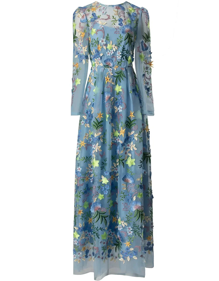 Blue Floral Embellished Long Sleeve Midi Dress