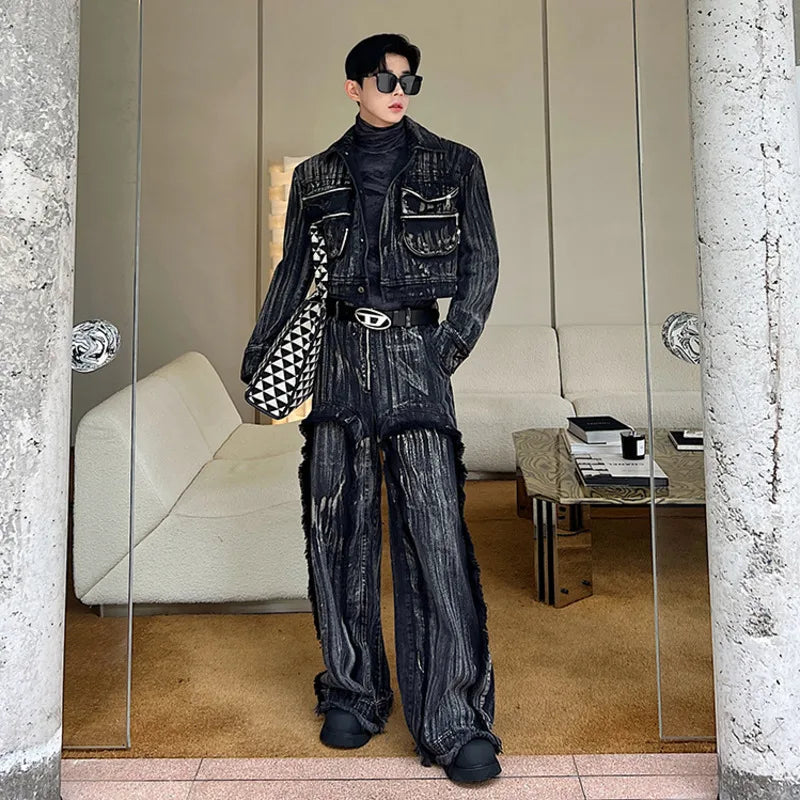 Men's Black Denim 2-Piece Set High Streetwear