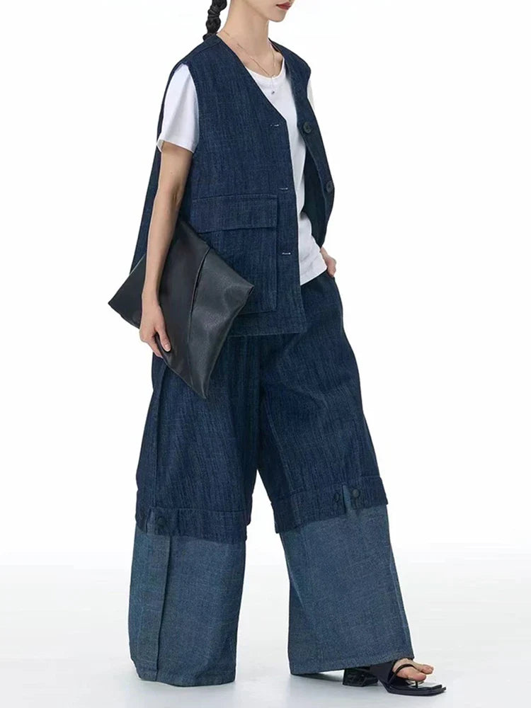 Cotton Denim Wide-Leg Pants with Elastic Waistband