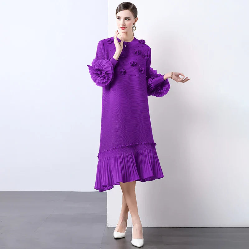 Cocktail Party Dress - Pleated Midi, Statement Sleeves