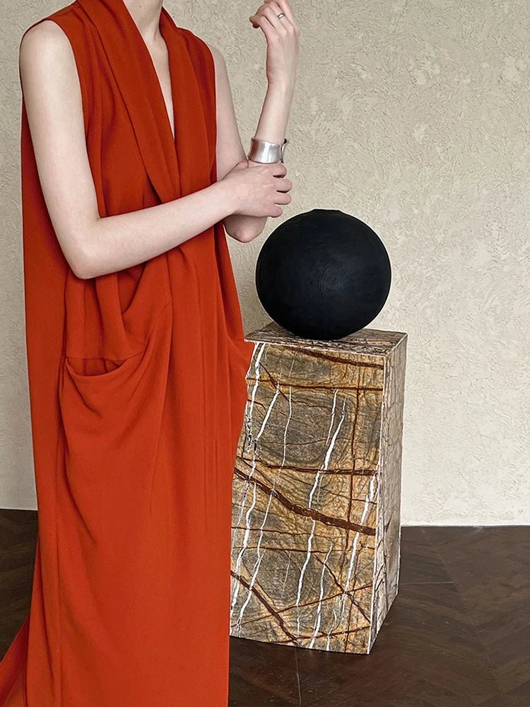 Elegant Draped Sleeveless Midi Dress with Pockets