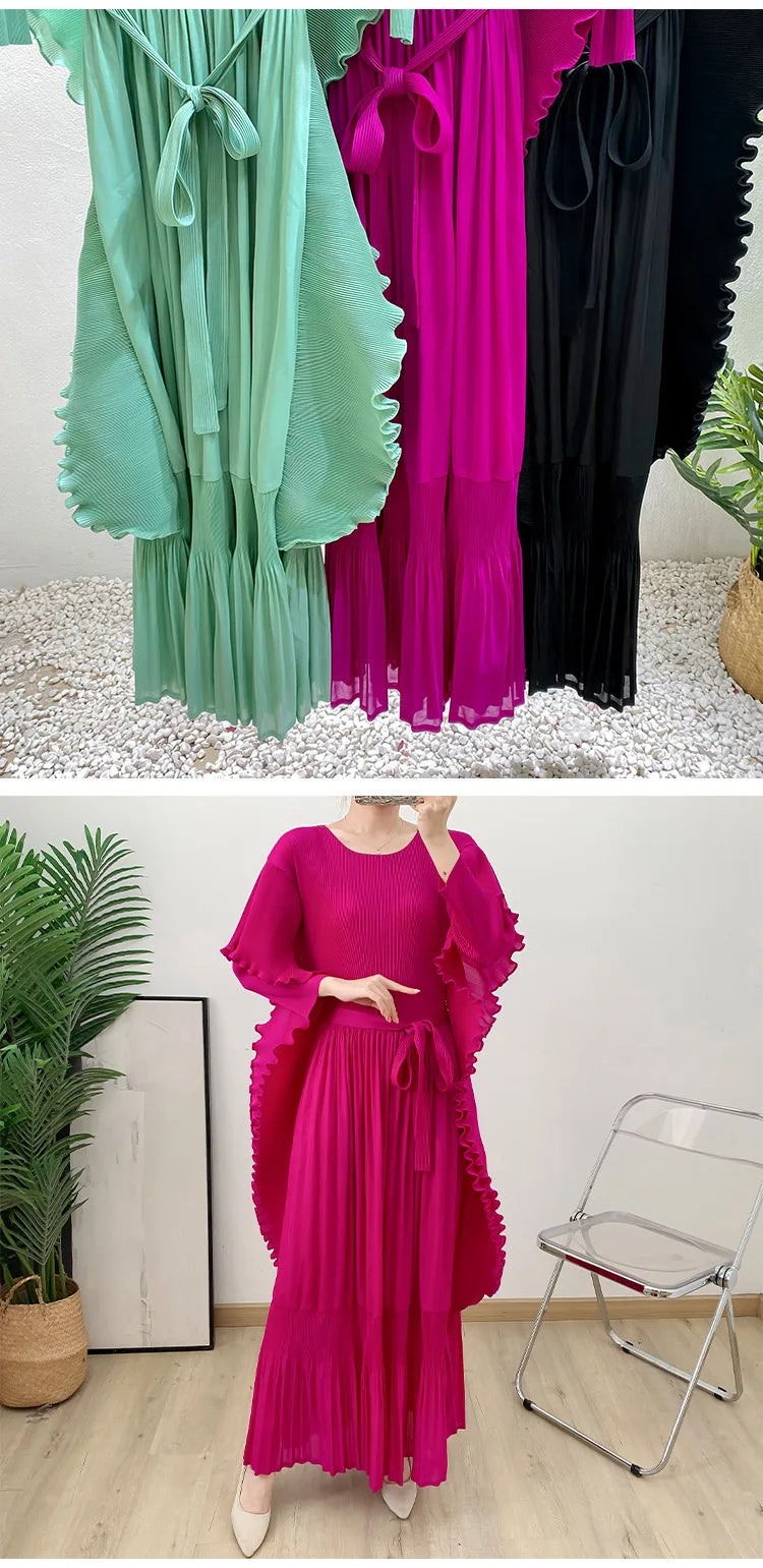 Designer Pleated Midi Dress - Ruffle Detail