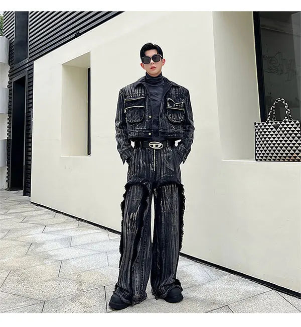 Men's Black Denim 2-Piece Set High Streetwear
