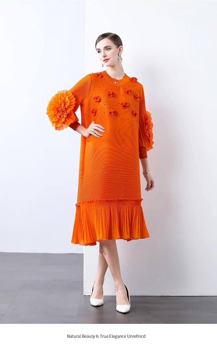 Cocktail Party Dress - Pleated Midi, Statement Sleeves