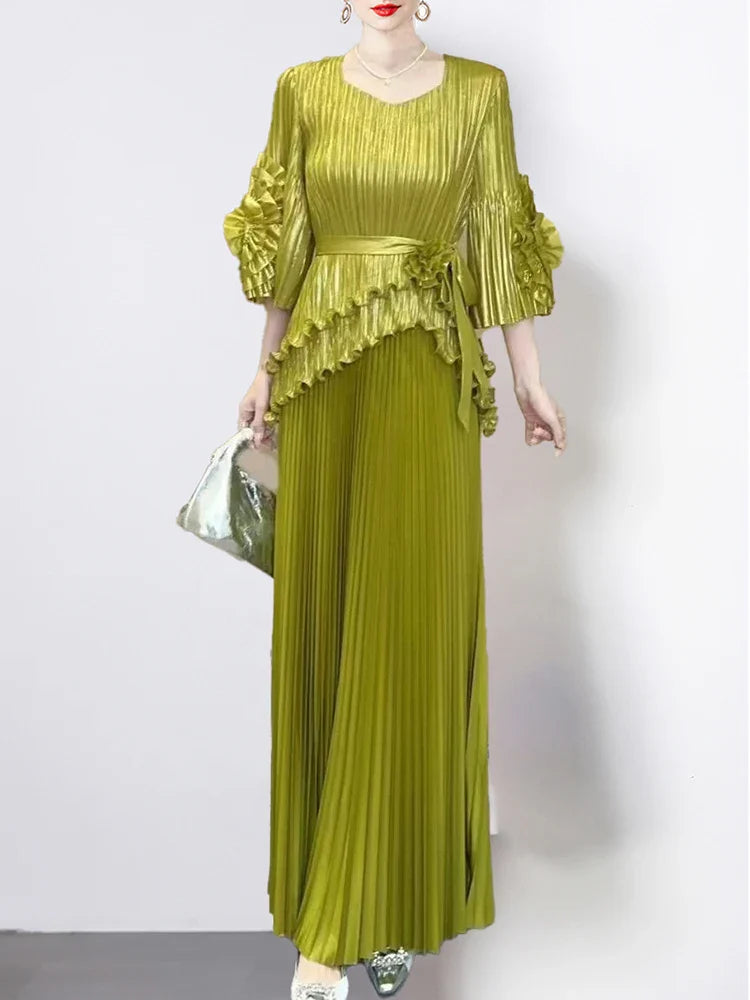 Statement Ruffle Sleeve and Pleated Skirt Ensemble