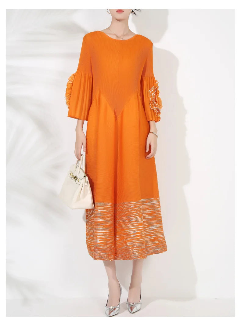 Couture Pleated Floral 3/4 Sleeve Midi Dress