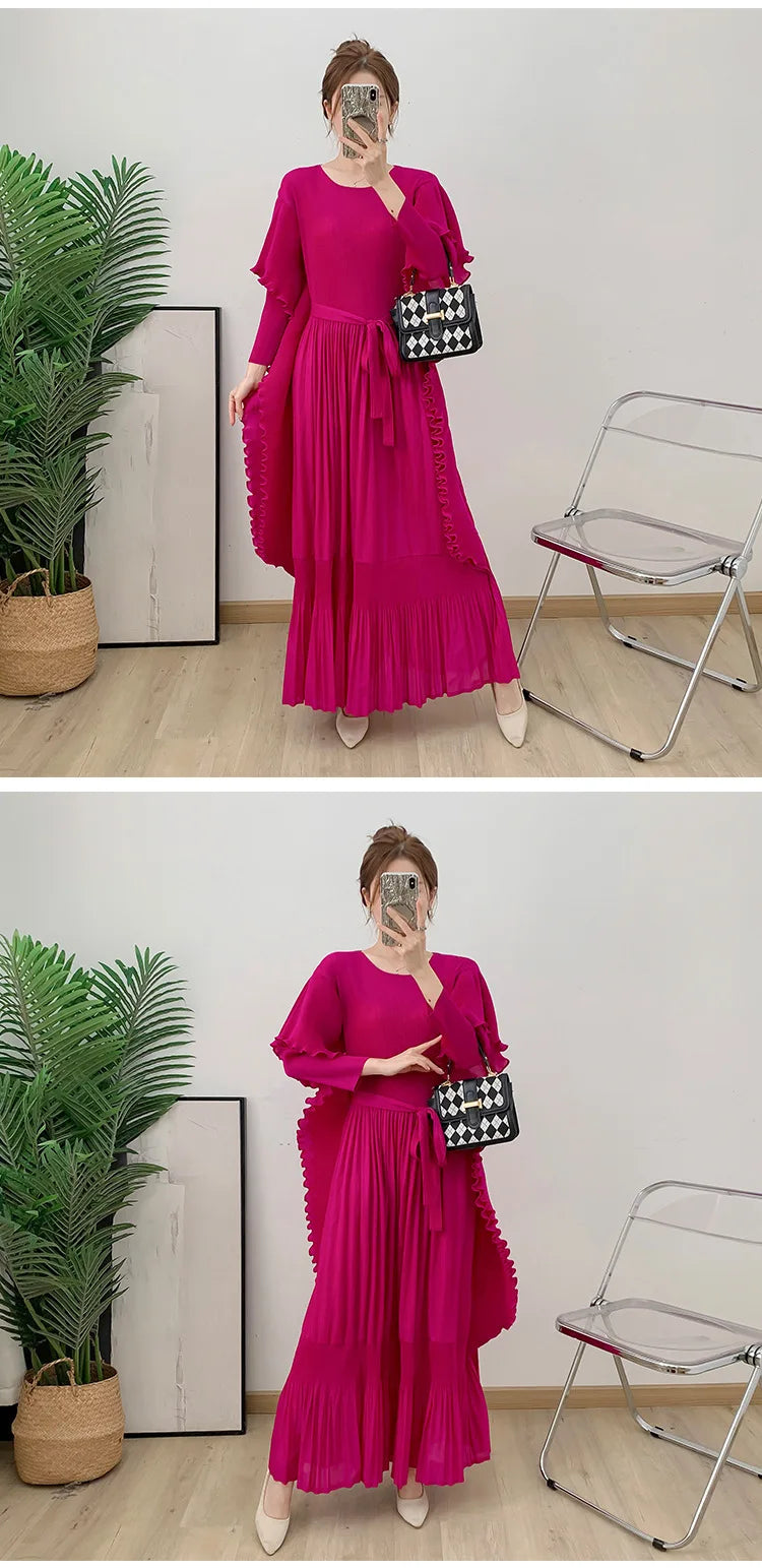 Designer Pleated Midi Dress - Ruffle Detail