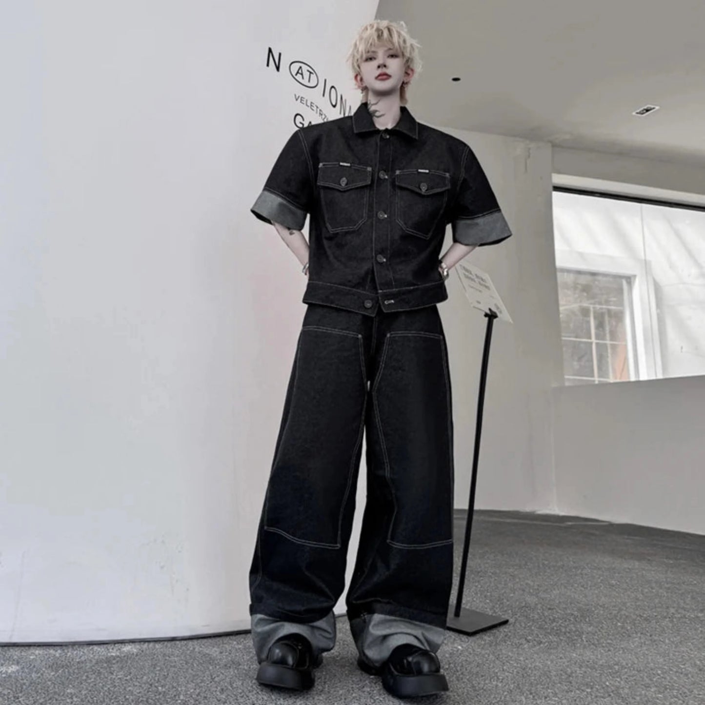 Men's Oversized Black Denim Two-Piece Set