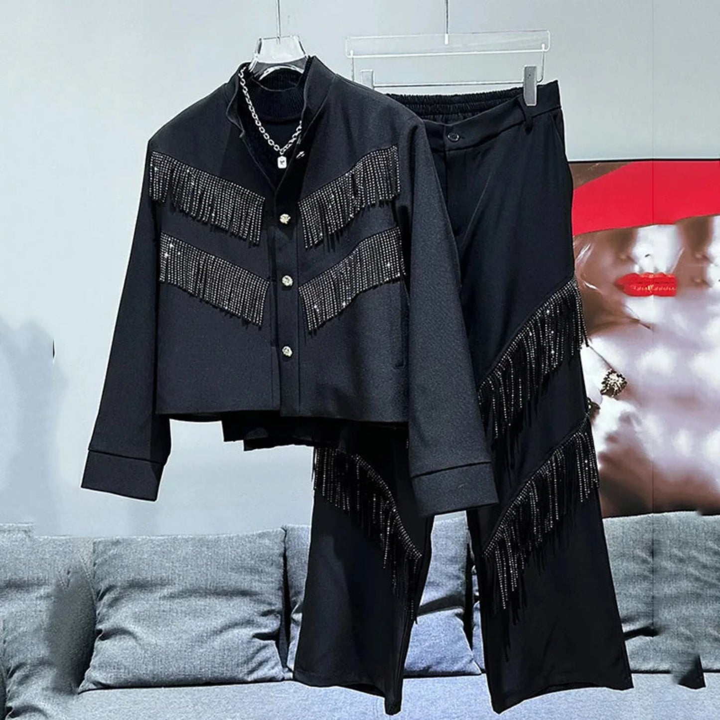 Men's Black Rhinestone Tassel Suit