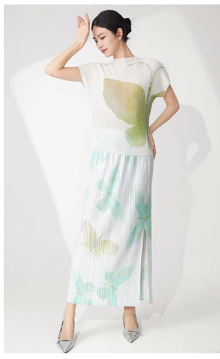 Butterfly Pleated Maxi Skirt & Top Set
