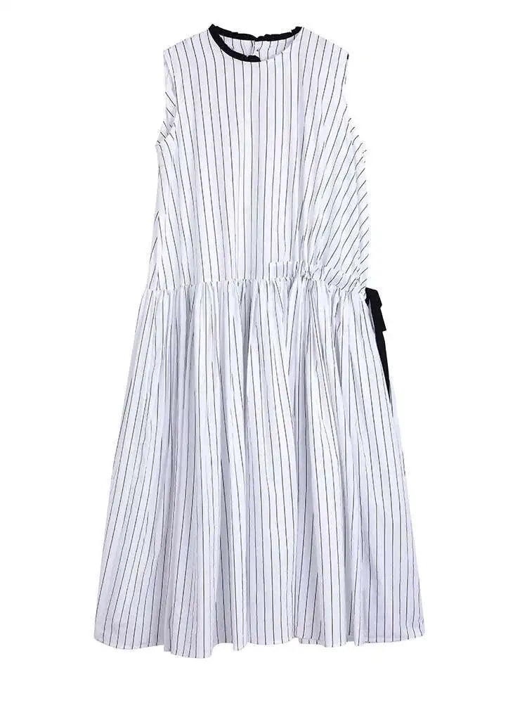 Cotton Sleeveless Striped Dress with Button Back