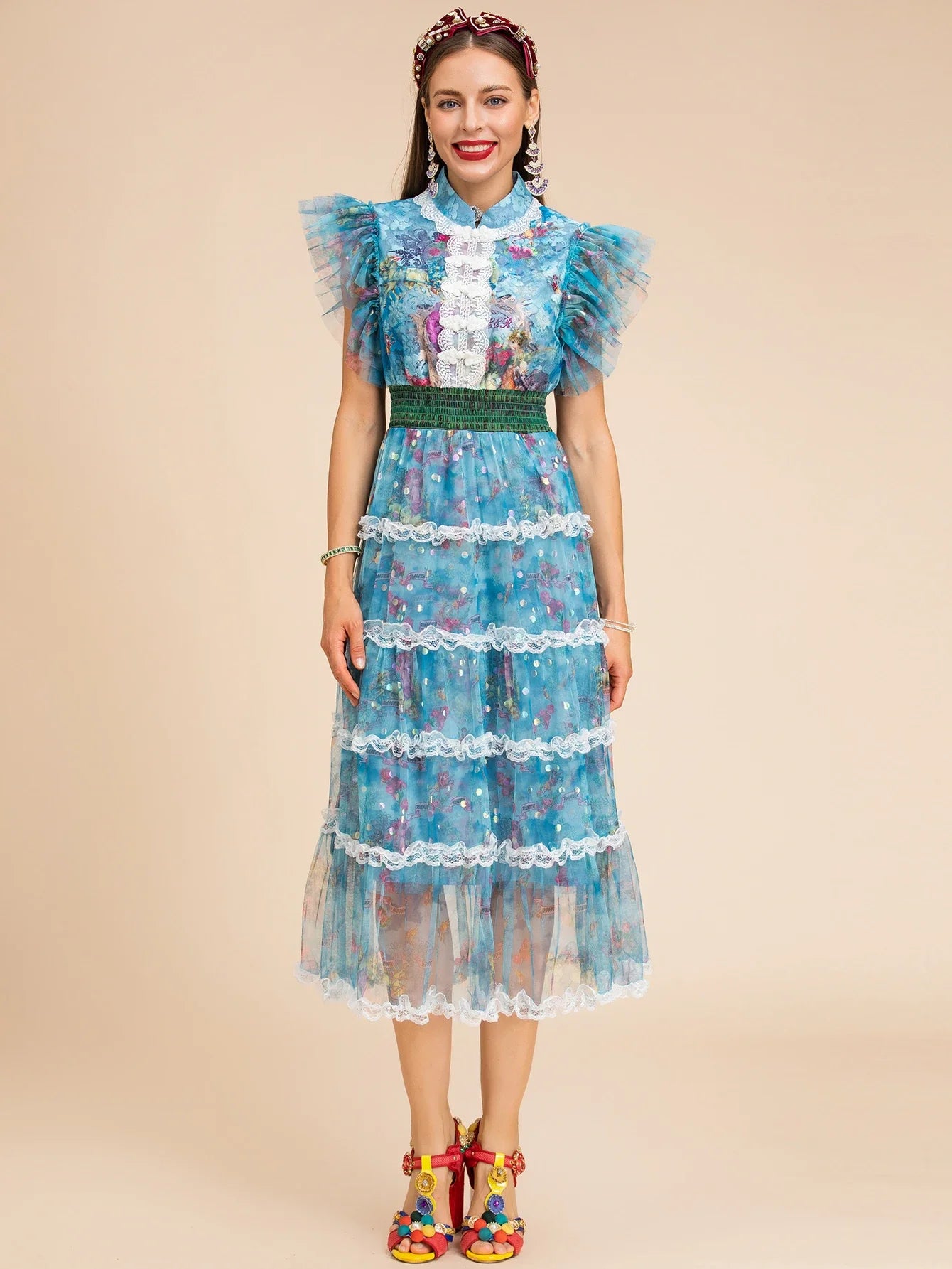 Blue Floral Midi Dress Ruffle Cap Sleeves
