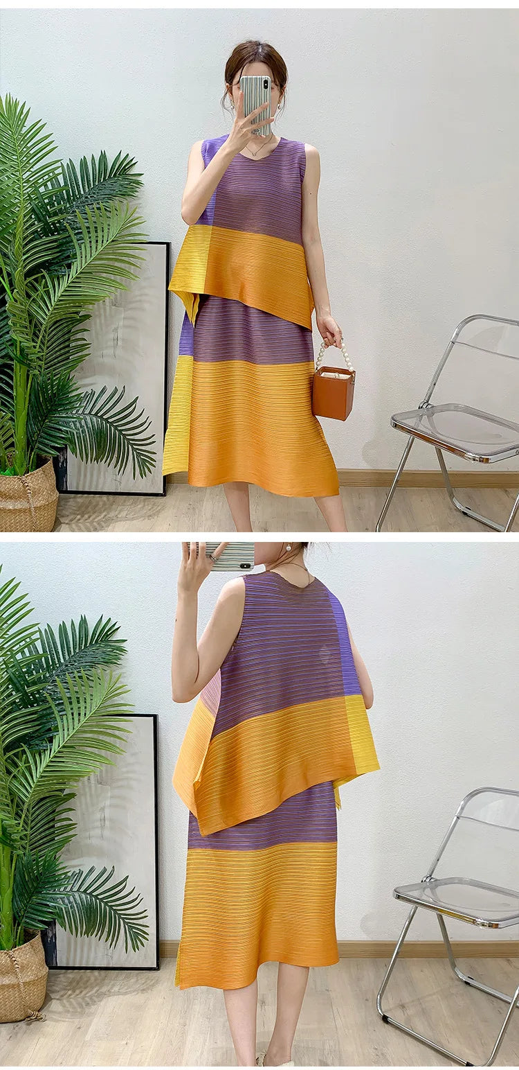Asymmetric Pleated Sleeveless Top & Skirt