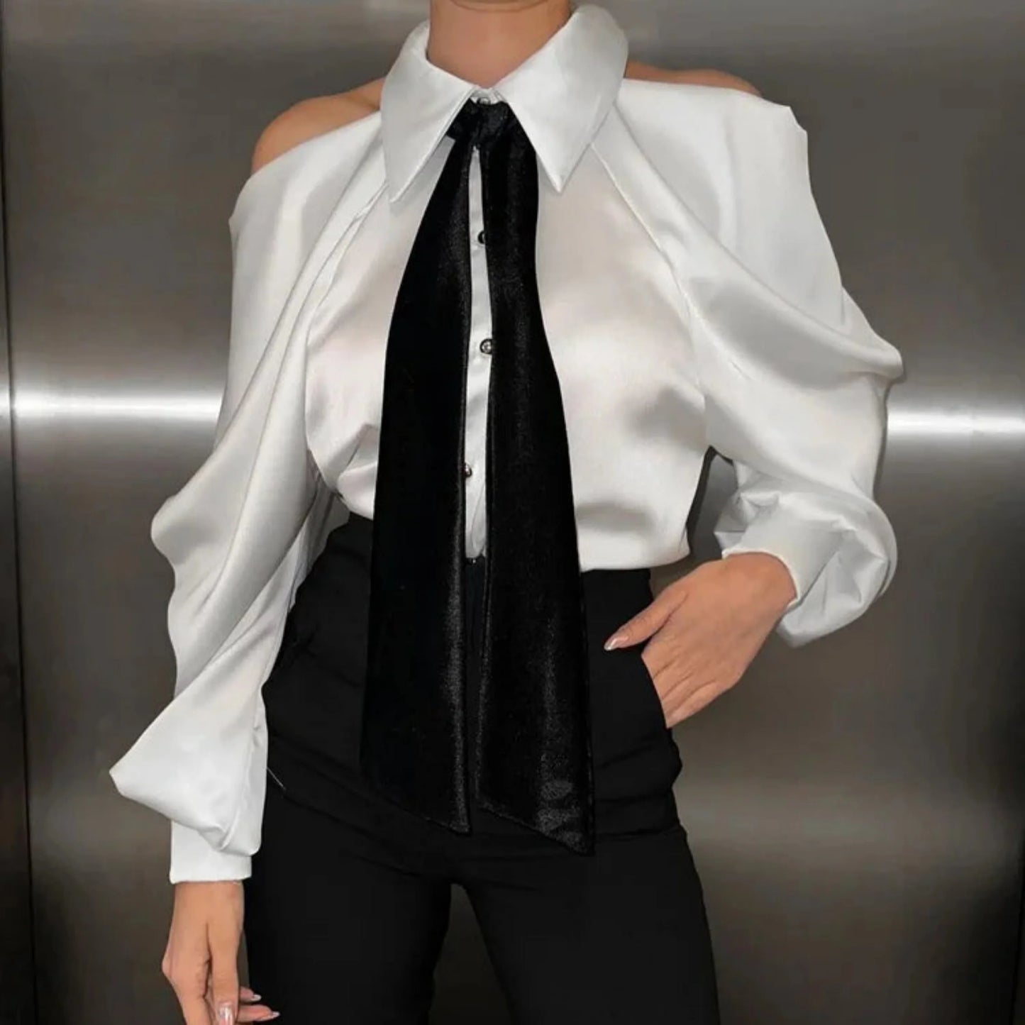Satin Top with Dramatic Black Tie