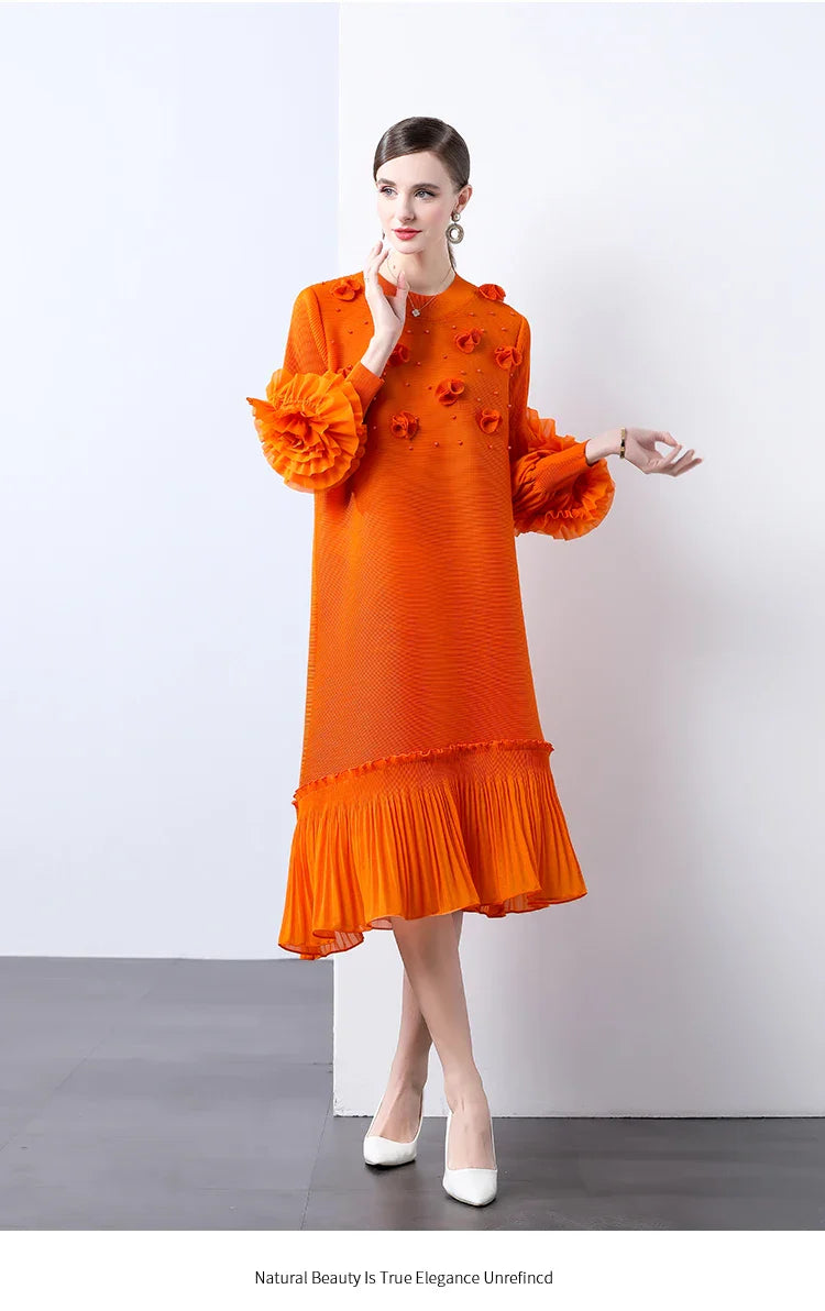 Cocktail Party Dress - Pleated Midi, Statement Sleeves