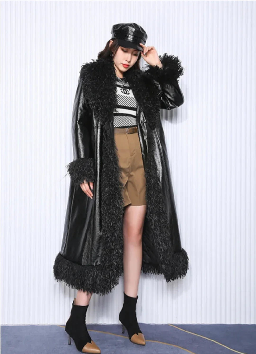 Couture Vegan Leather Trench with Shaggy Fur