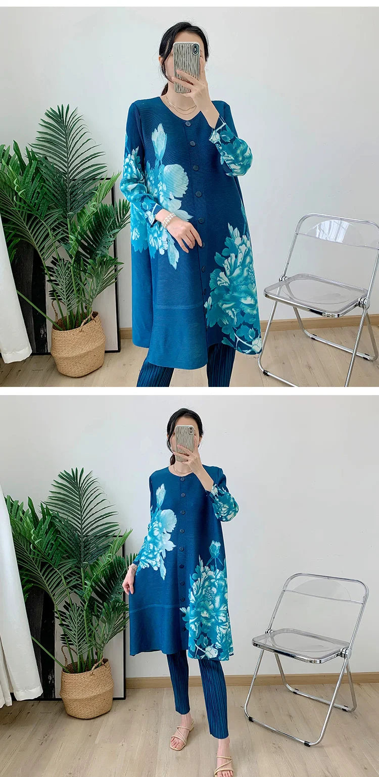 Pleated Plissé Floral Pant & Cardigan