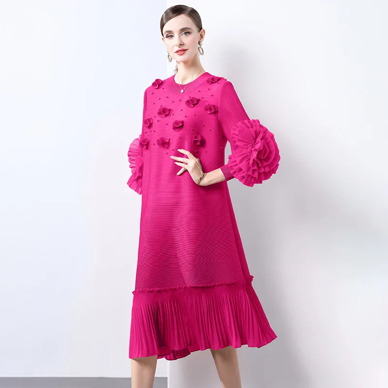 Cocktail Party Dress - Pleated Midi, Statement Sleeves